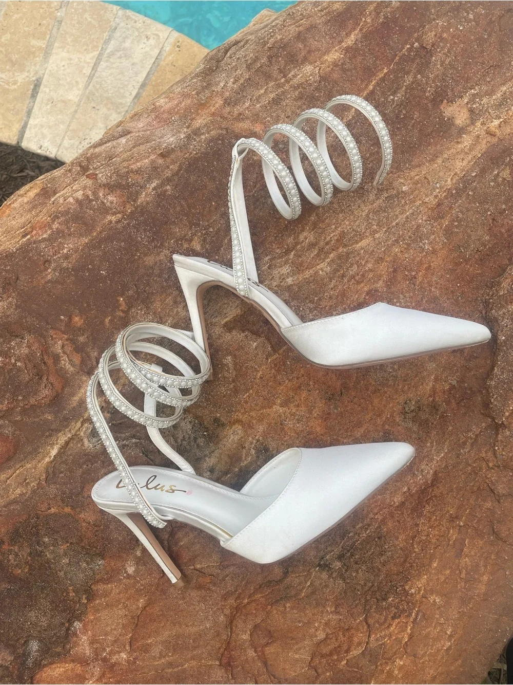 Lulu's “Anwar” White Satin Pearl Rhinestone Pointed-Toe Spiral Strap Pumps Size8